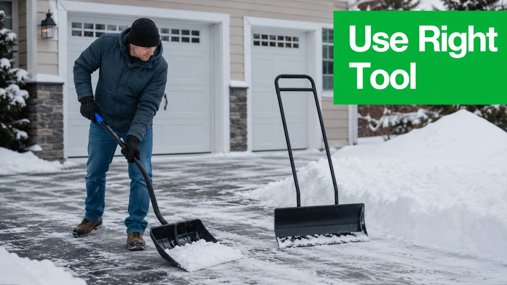 A man in winter gear clears snow from a driveway using an ergonomic snow pusher tool.