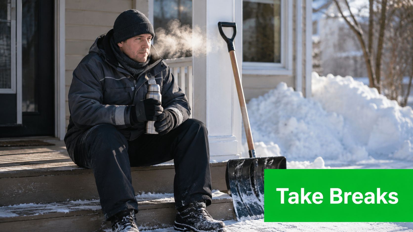 A man in winter gear sits on porch steps holding a thermos while taking a snow shoveling break.