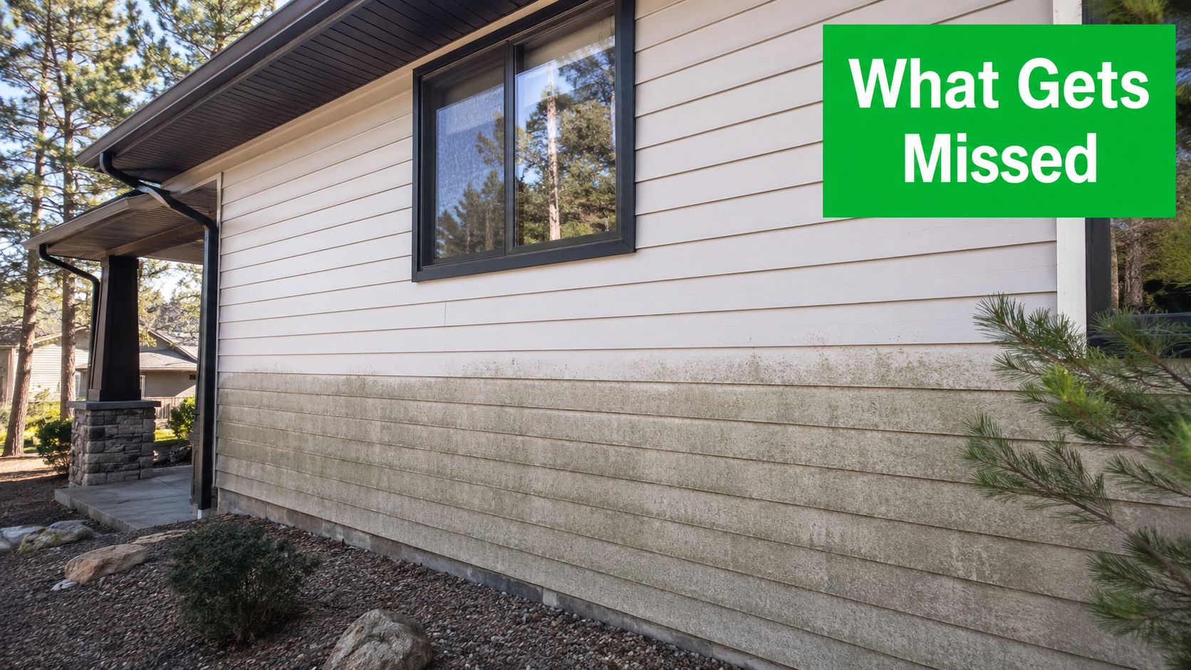 A house exterior showing dirty lower vinyl siding covered in green algae and mildew buildup.