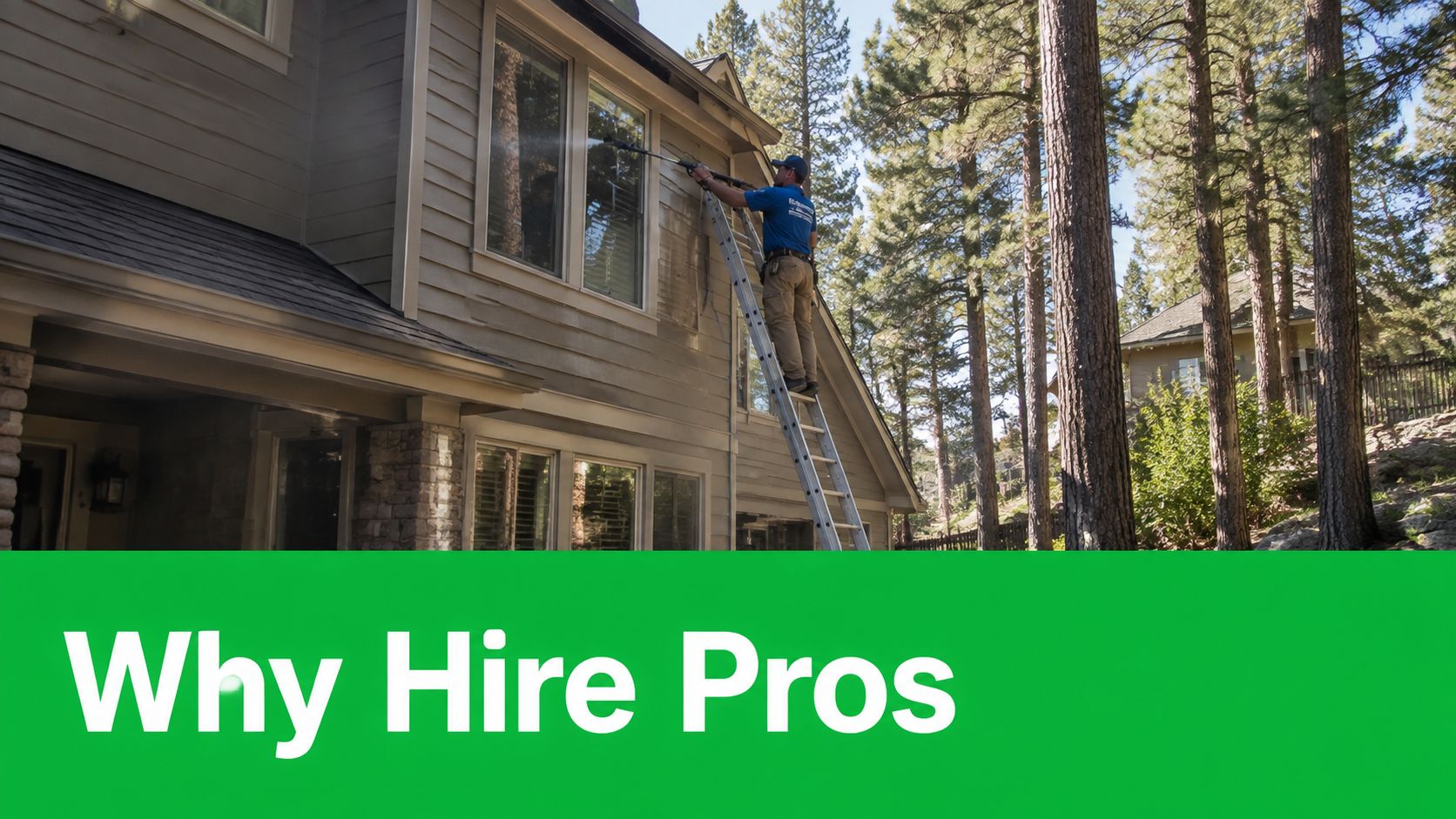 A professional service worker standing on a ladder while pressure washing the vinyl siding of a house.