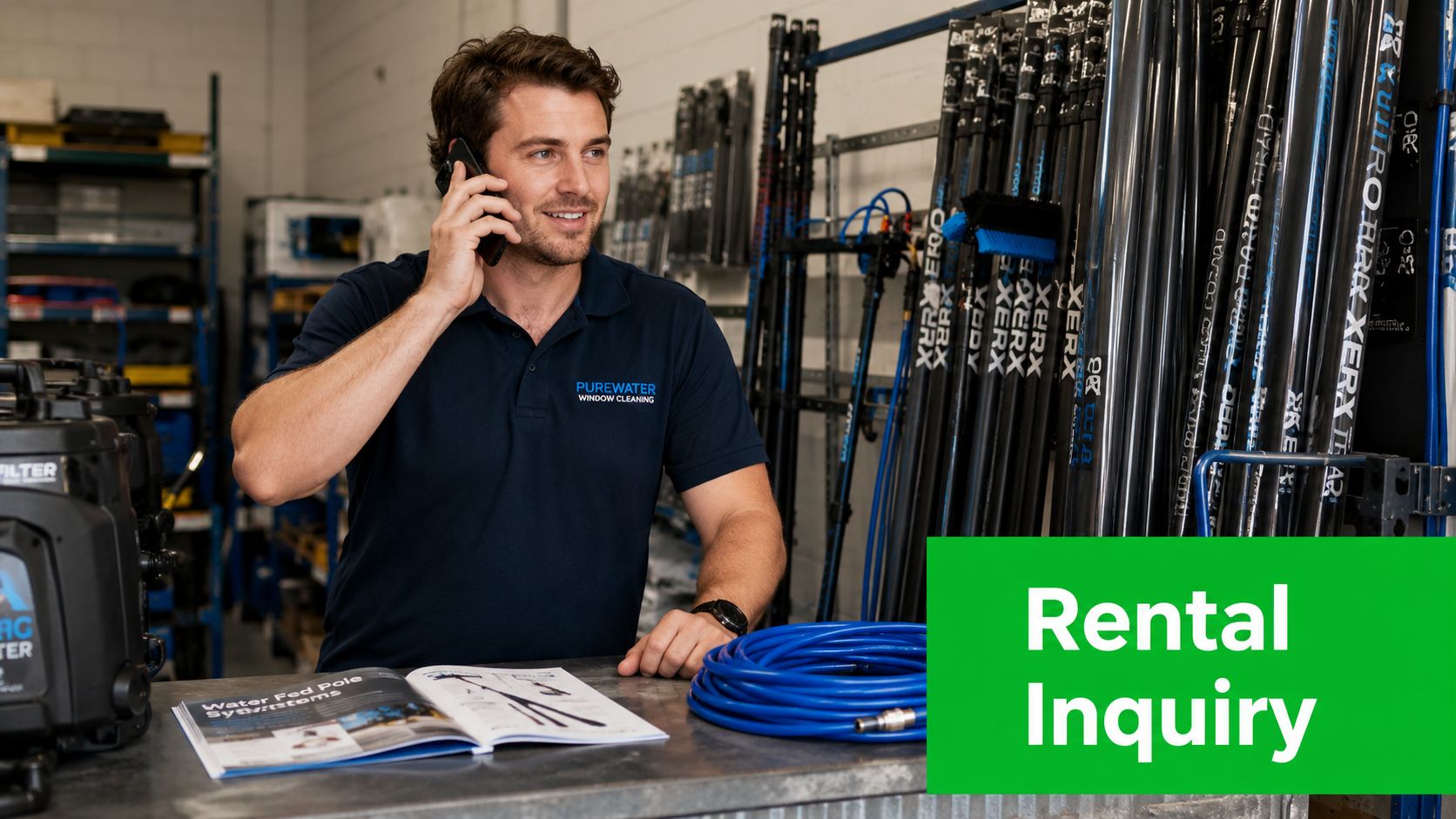 A smiling man talking on the phone in a store that rents professional window cleaning equipment.