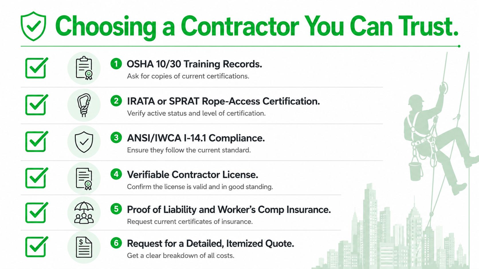 An infographic checklist for selecting a reputable and professional high-rise building window cleaning contractor.