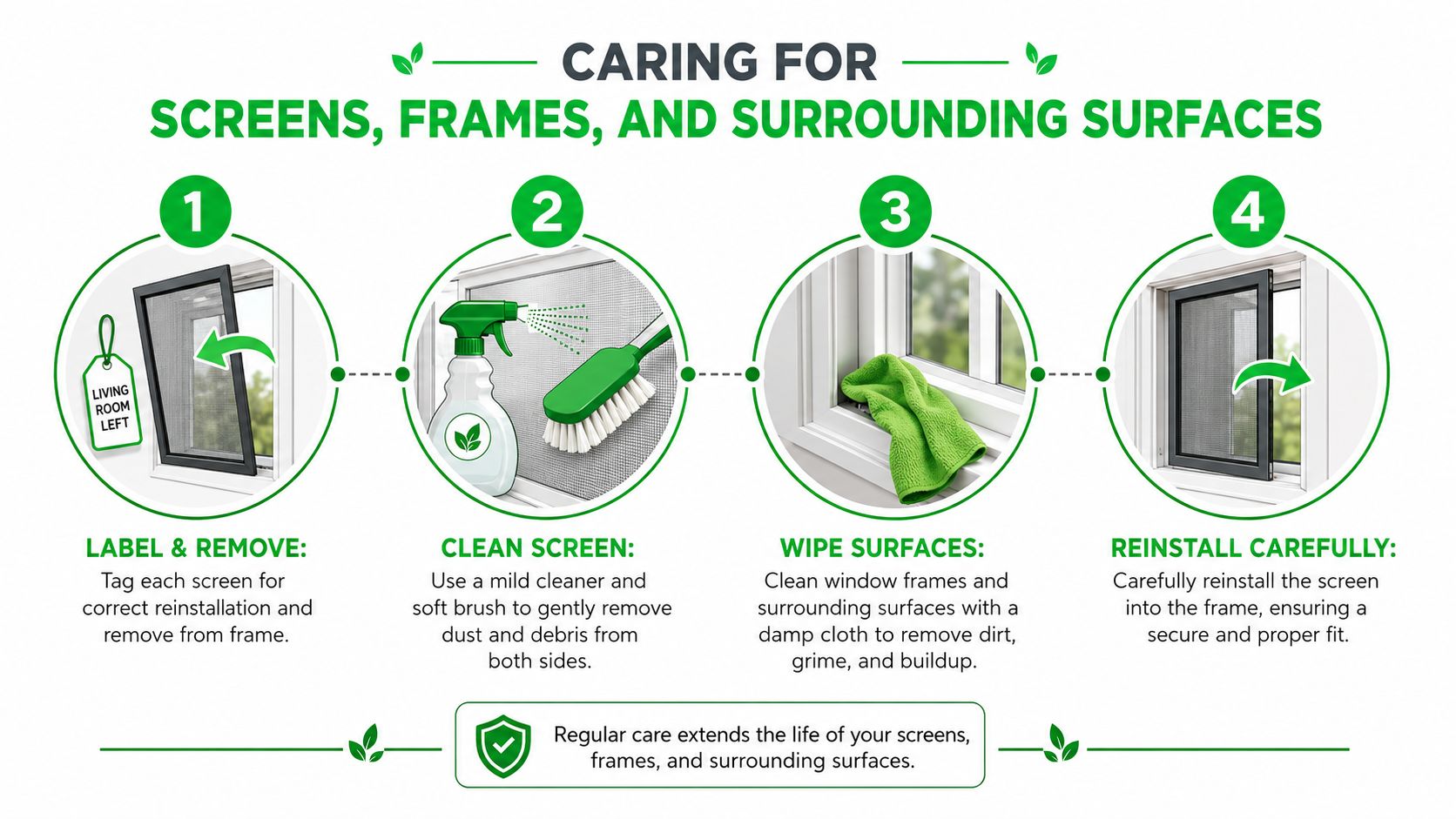 A four step infographic illustrating instructions for cleaning and maintaining residential window screens and their frames.
