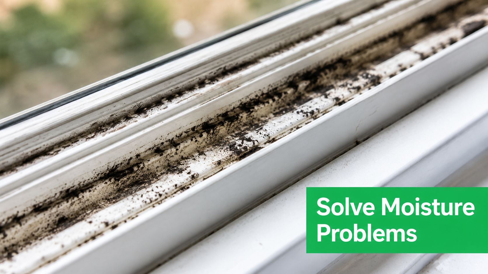 A close-up view of a dirty white window frame with black mold buildup and debris.