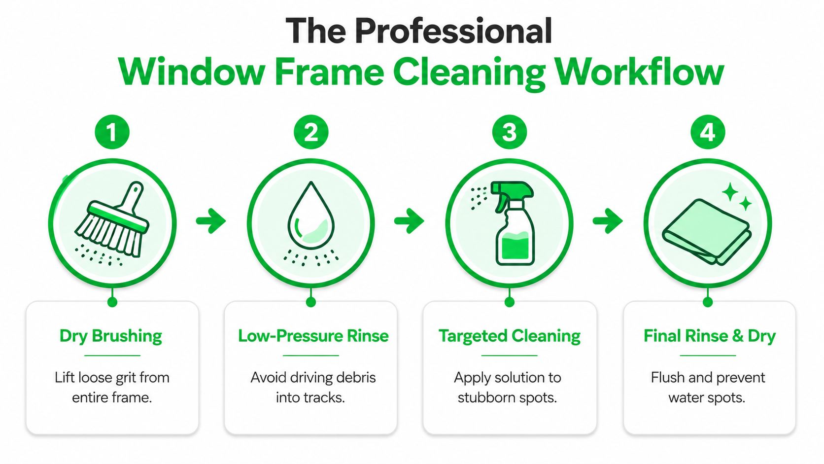 An infographic showing a four-step professional window frame cleaning workflow from dry brushing to final drying.