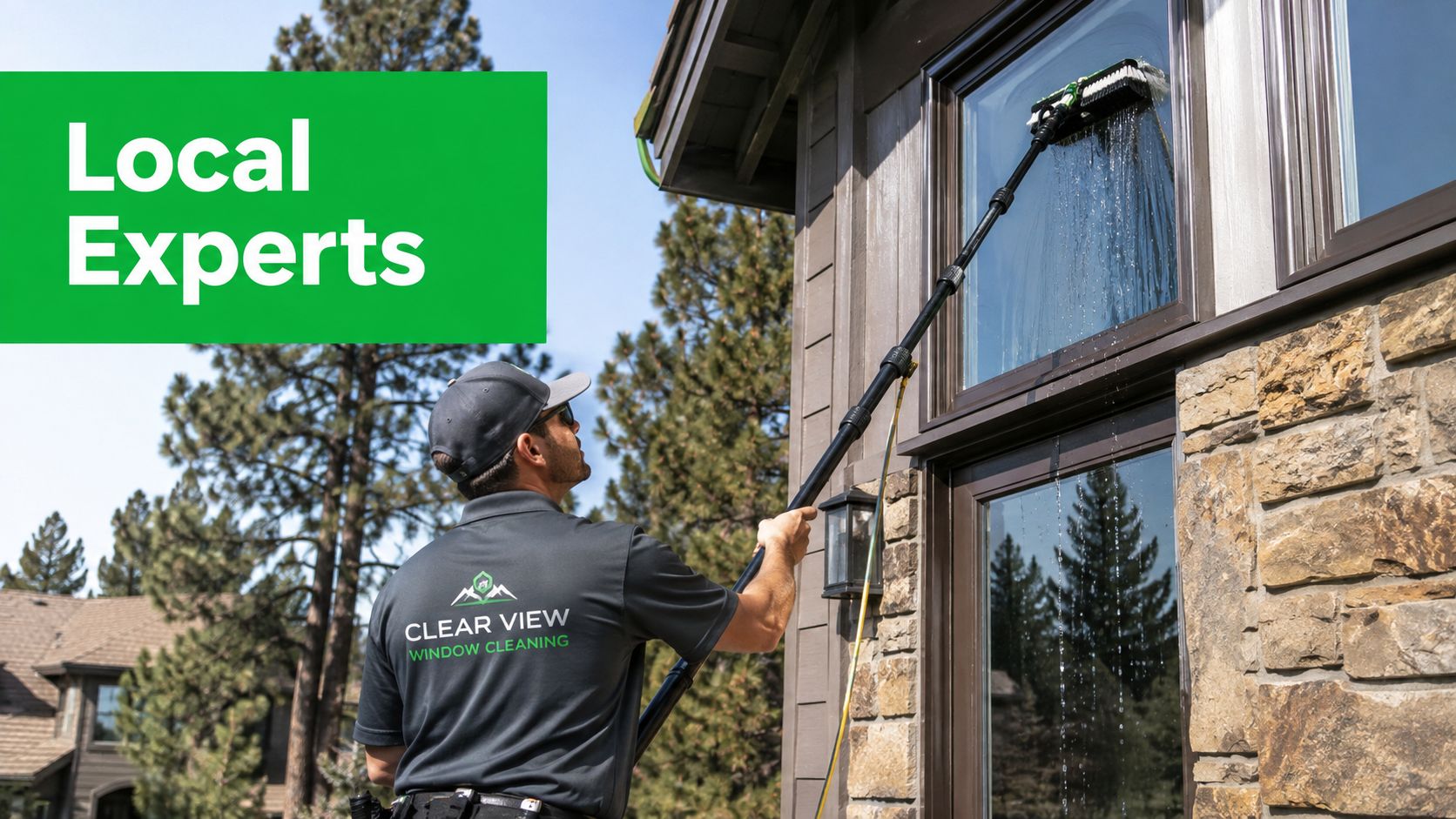 A professional window cleaner using an extension pole to clean the exterior of a residential home window.