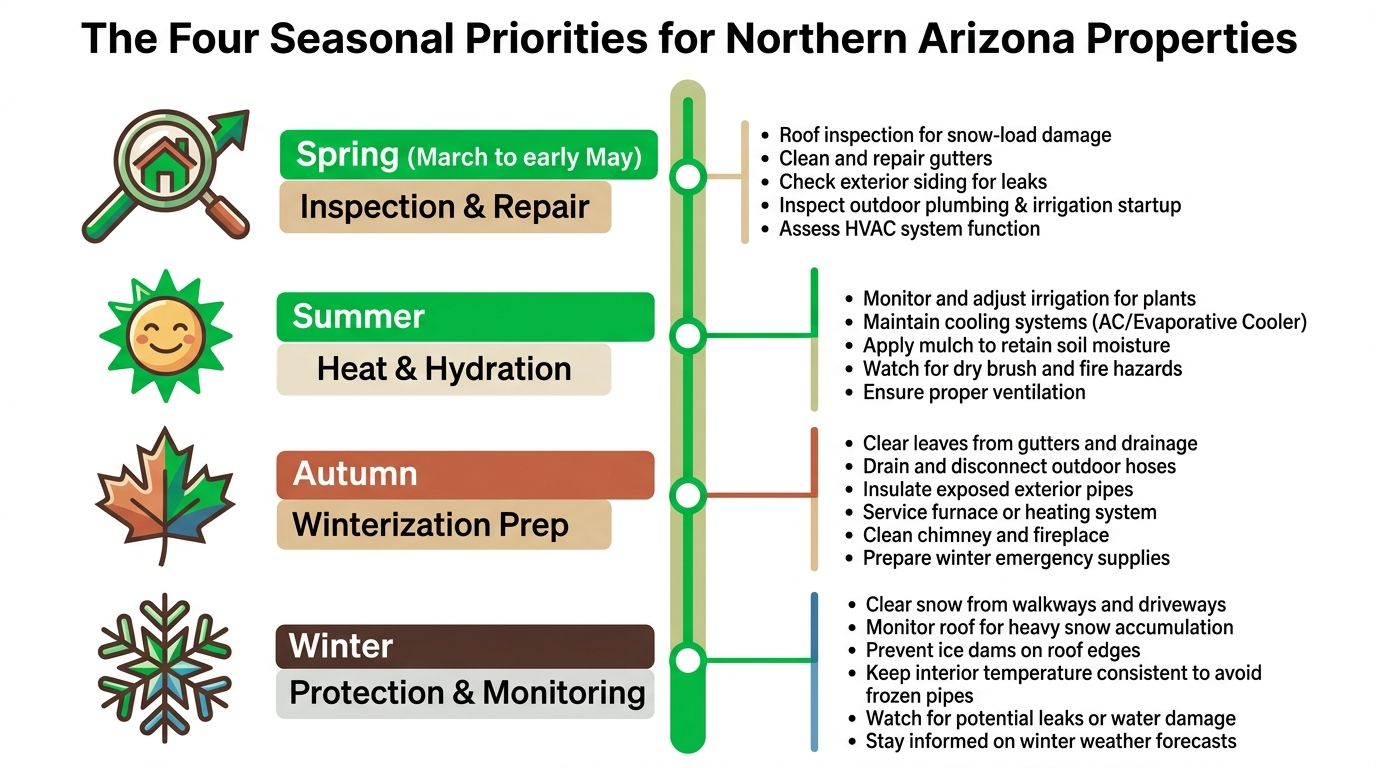 An infographic outlining the four seasonal property maintenance priorities for homes located in Northern Arizona.