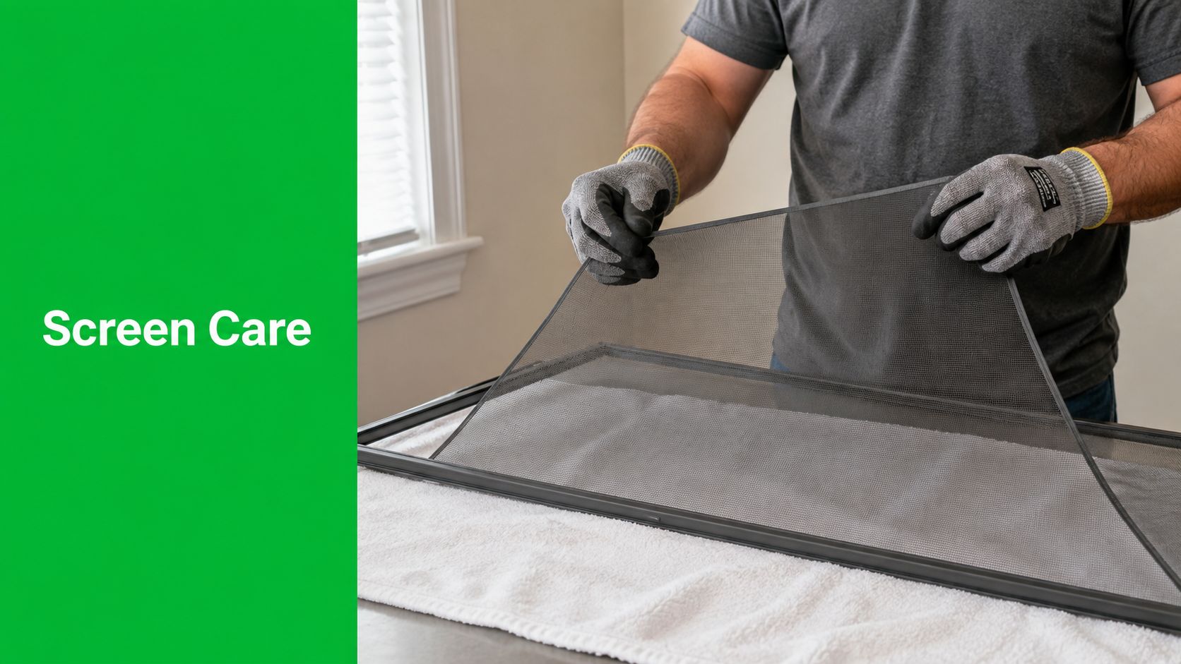 A person wearing protective work gloves while carefully cleaning and handling a window screen on a towel.