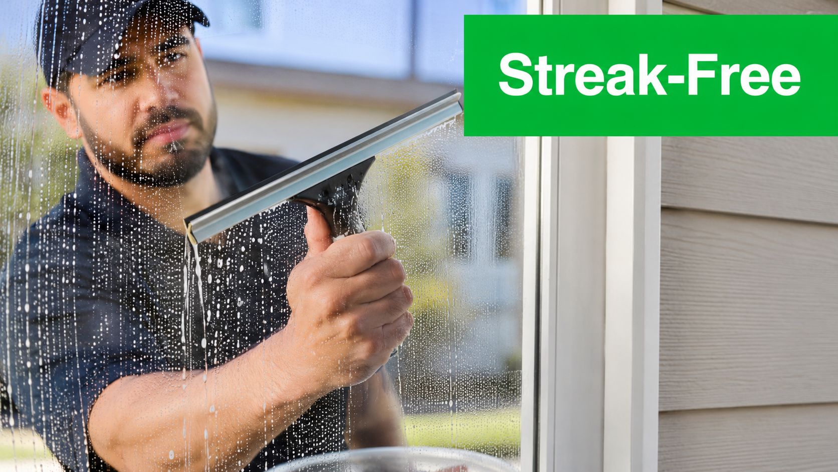 A professional window cleaner using a squeegee to clean a glass surface on a sunny day.