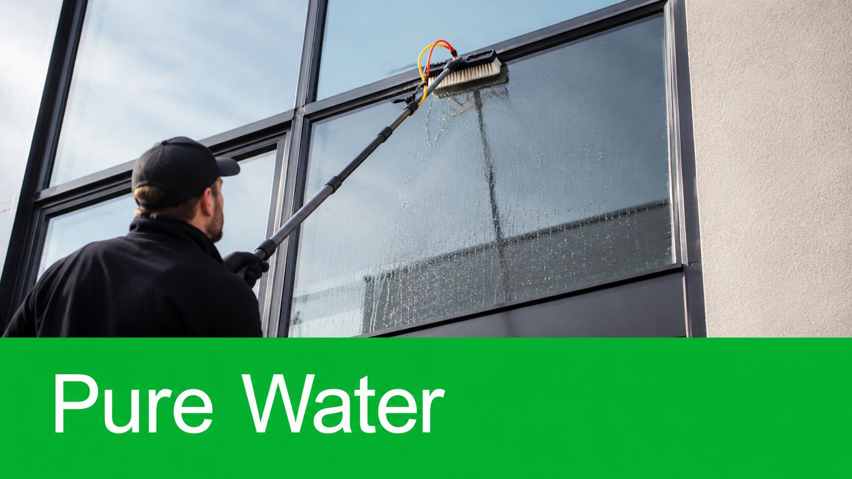 A professional window cleaner uses an extendable brush tool with pure water to clean a large office building window.