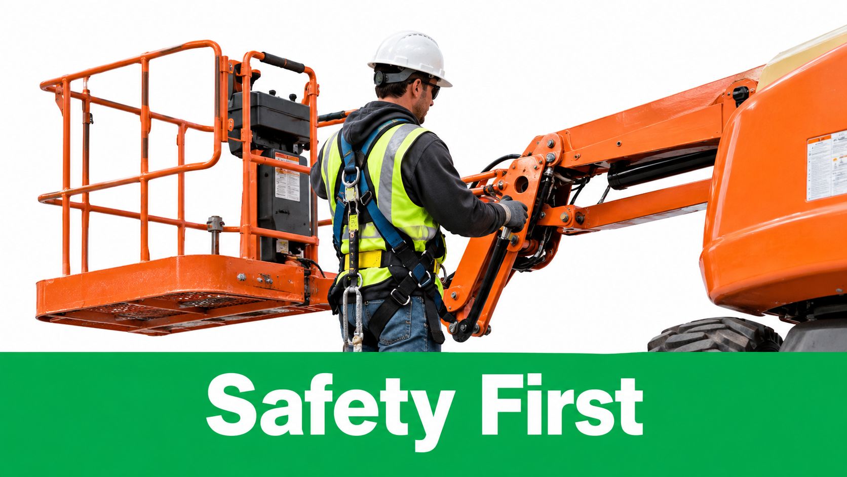 A construction worker wearing safety gear and a hard hat operating an aerial work platform lift.