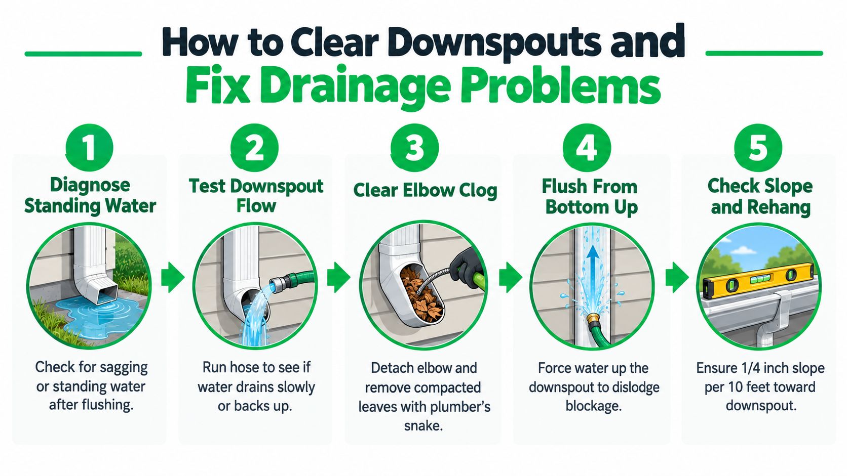A five-step guide illustration showing the process for clearing downspouts and fixing household drainage problems.