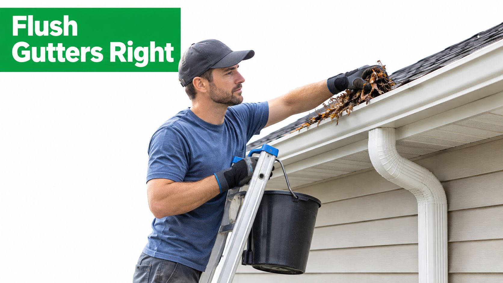 A professional worker using a ladder to clean debris and leaves from residential house gutters.
