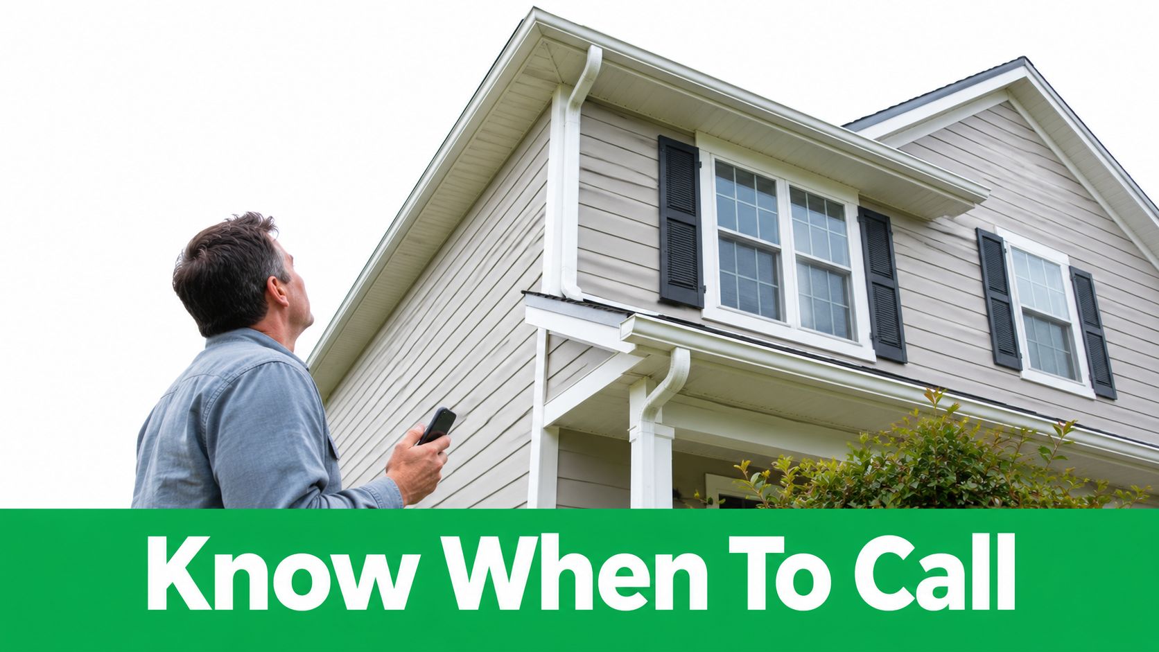 A man holding a smartphone looking up at the roof and gutters of his suburban house