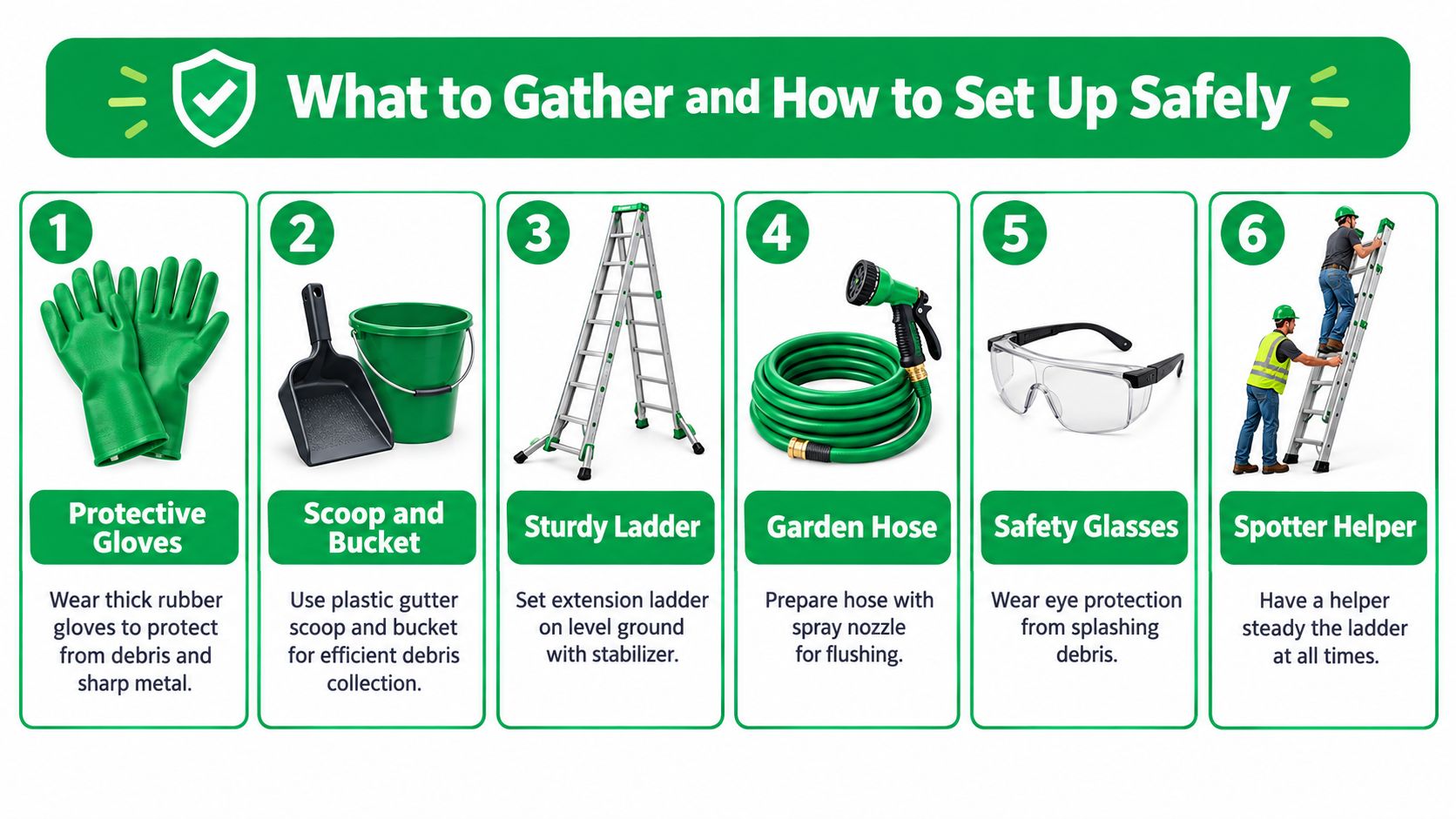 An infographic showing six essential tools and safety steps for cleaning gutters, including gloves, ladder, and helper.