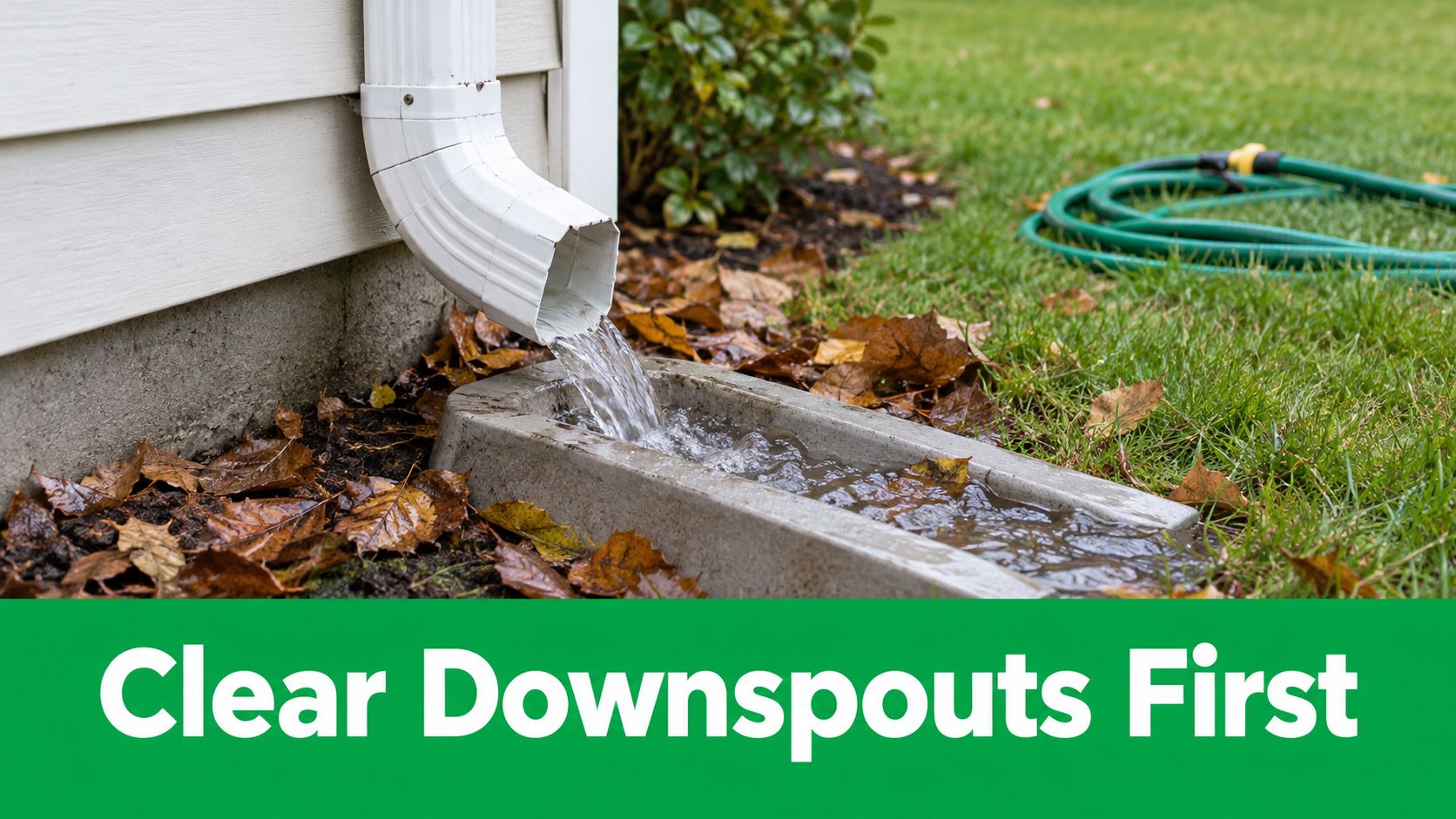 A close-up view of water flowing from a white house gutter downspout onto a concrete drainage splash block.