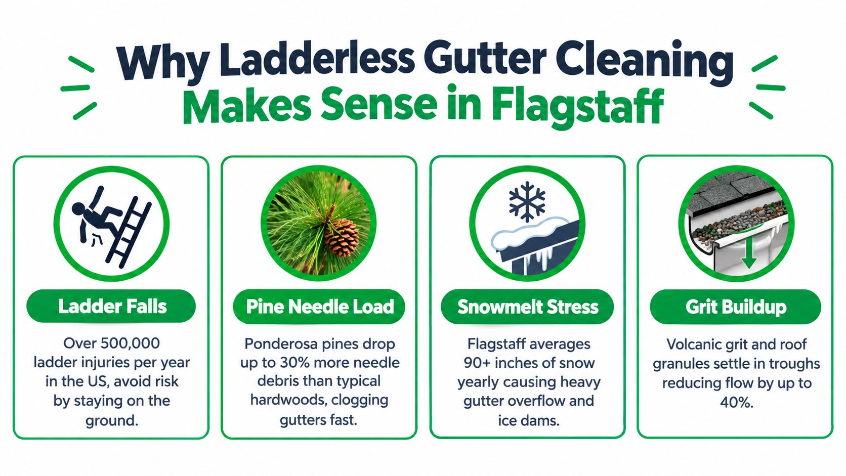 An infographic showing four key reasons to use ladderless gutter cleaning services in Flagstaff, Arizona.
