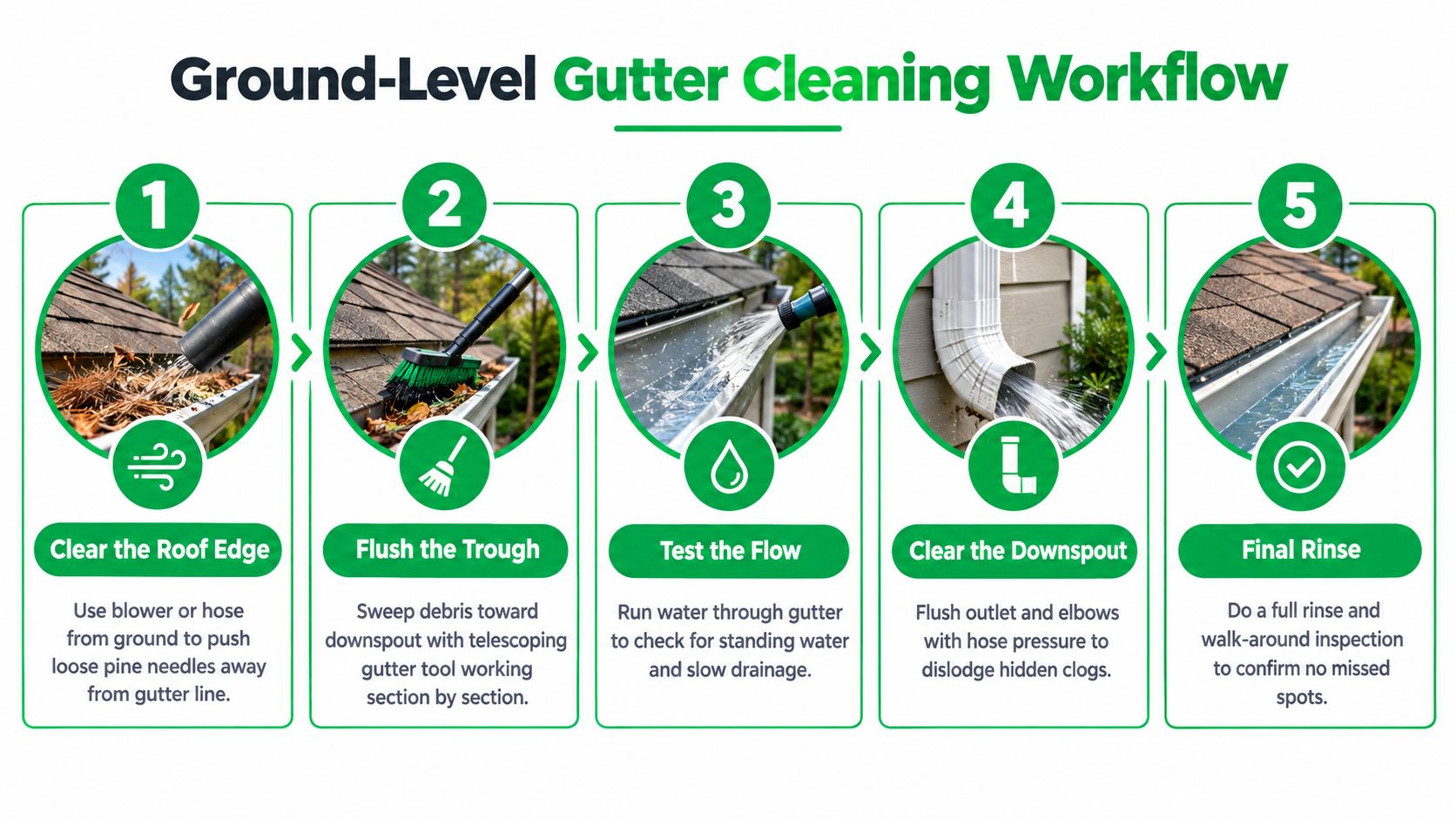 A five-step infographic showing how to clean home gutters from the ground without using a ladder.