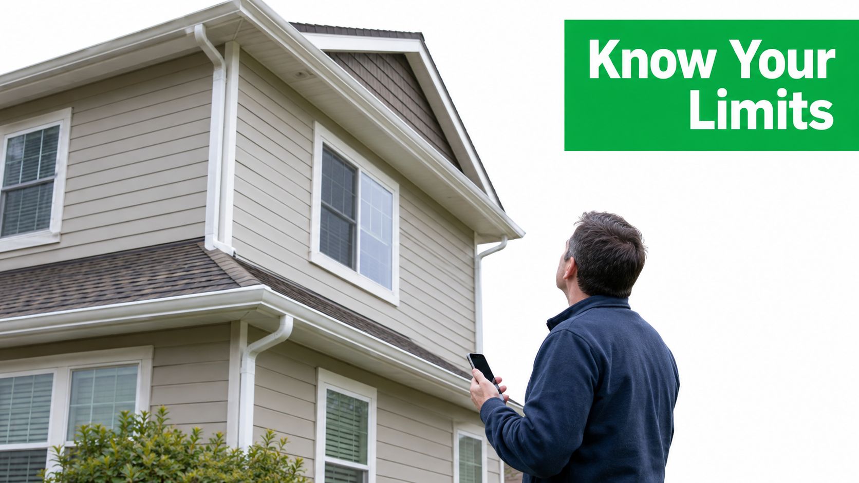 A man looks up at his house while holding a smartphone, contemplating gutter maintenance and home safety.