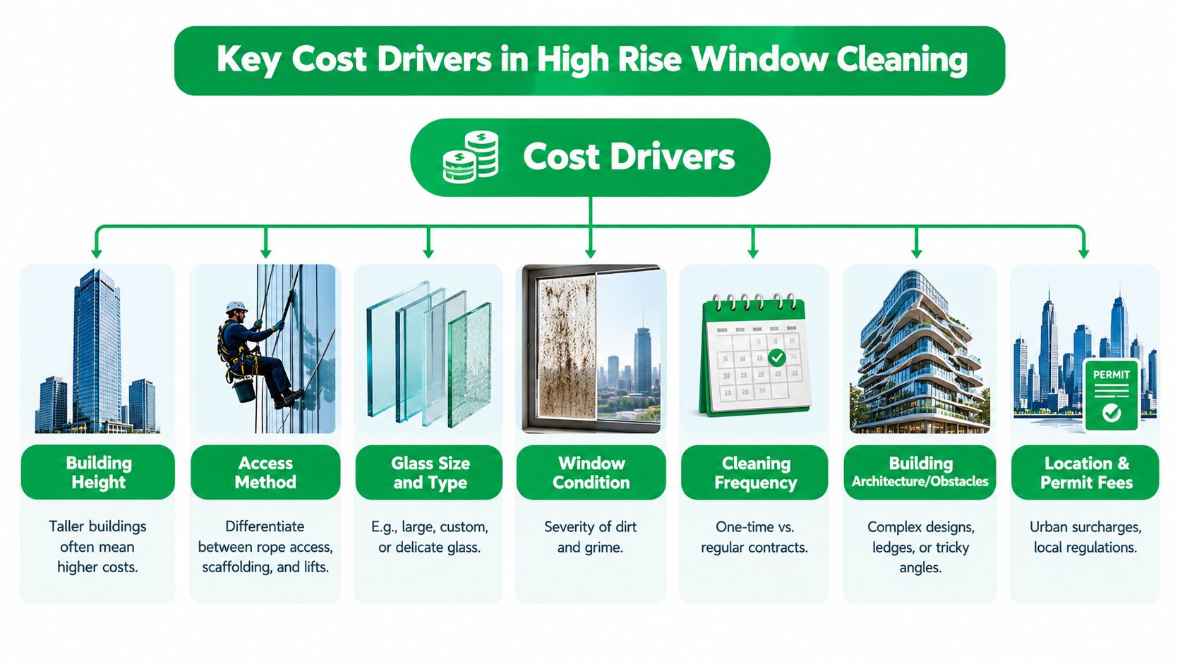 An infographic titled Key Cost Drivers in High Rise Window Cleaning outlining seven major factors affecting service prices.