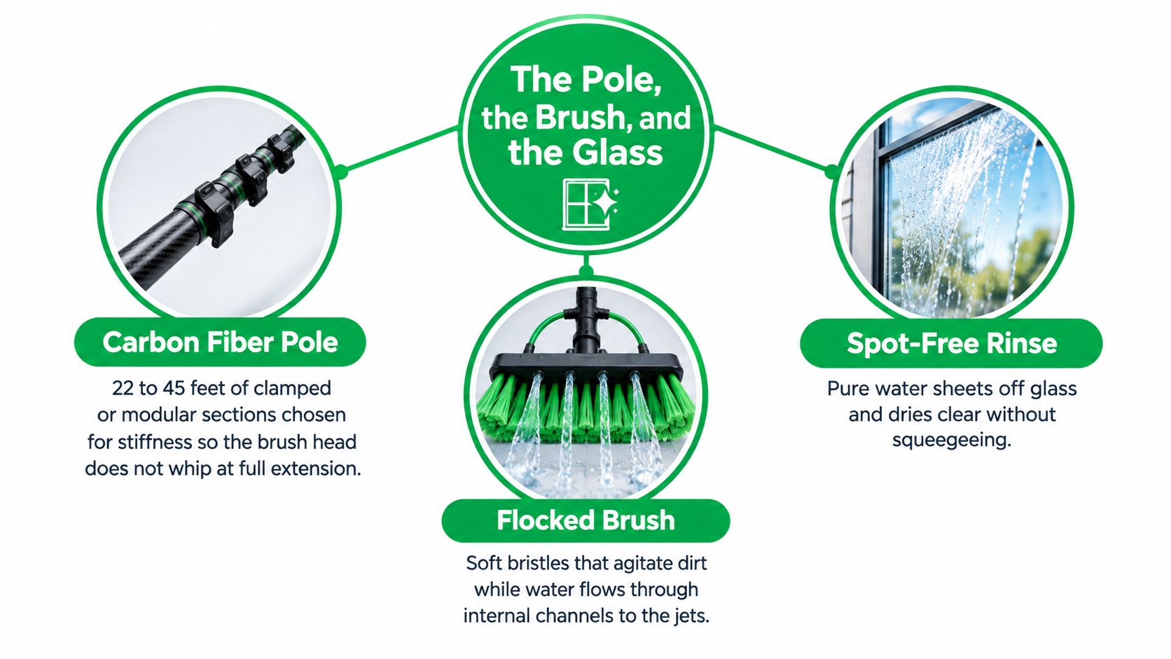 A diagram illustrating water-fed pole window cleaning components: a carbon fiber pole, a flocked brush, and rinsing.