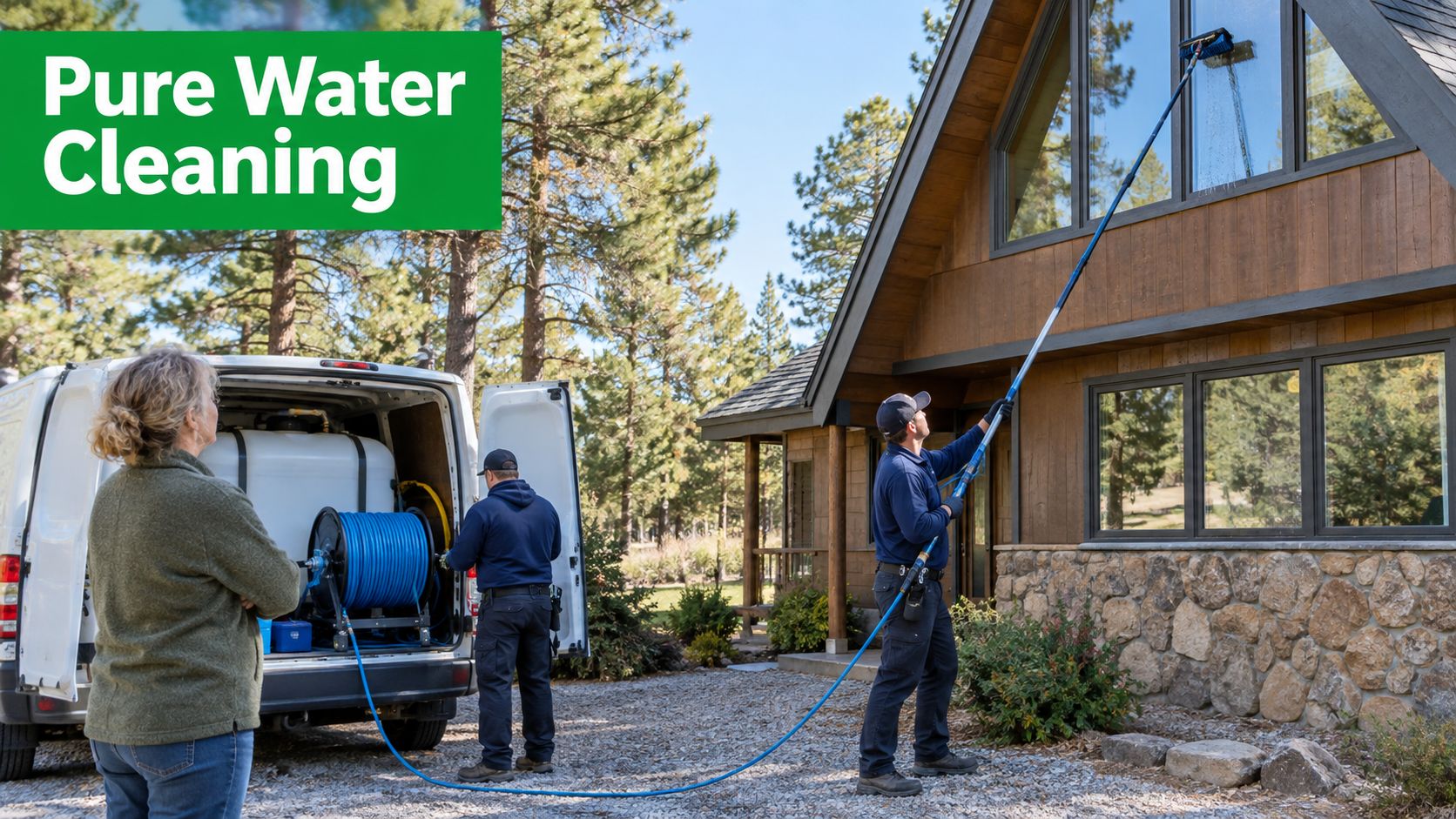 A professional window cleaner uses a water-fed pole to wash residential house windows while a client watches.
