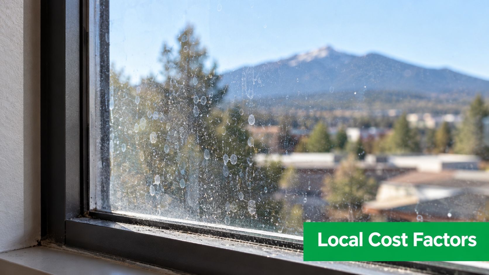 A dirty window pane with water spots overlooking a mountain landscape and suburban buildings on sunny day.