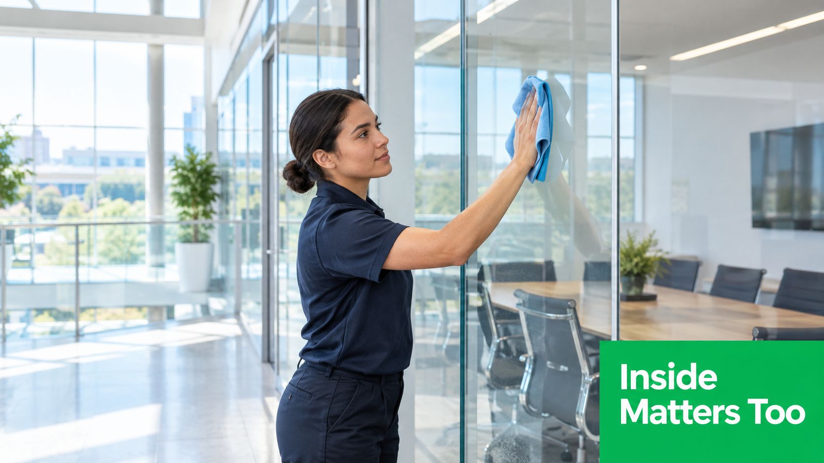 A professional cleaner wearing a navy uniform wipes a large glass office partition wall with a cloth.