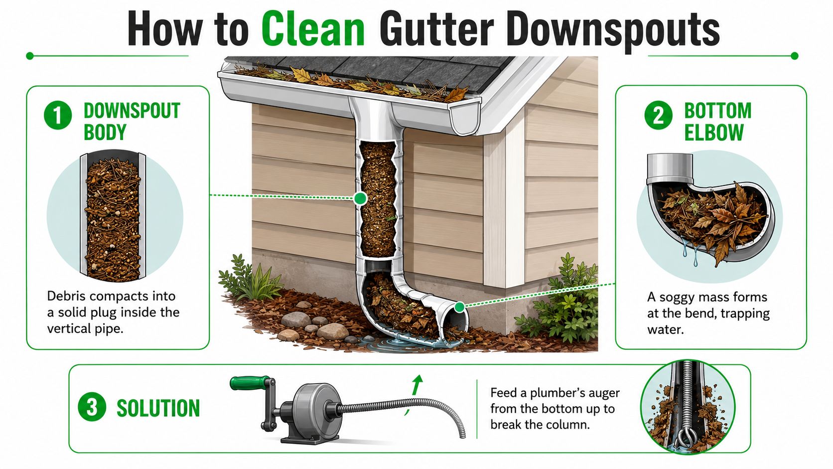 An educational illustration showing how to clean a clogged gutter downspout using a plumber's auger tool.