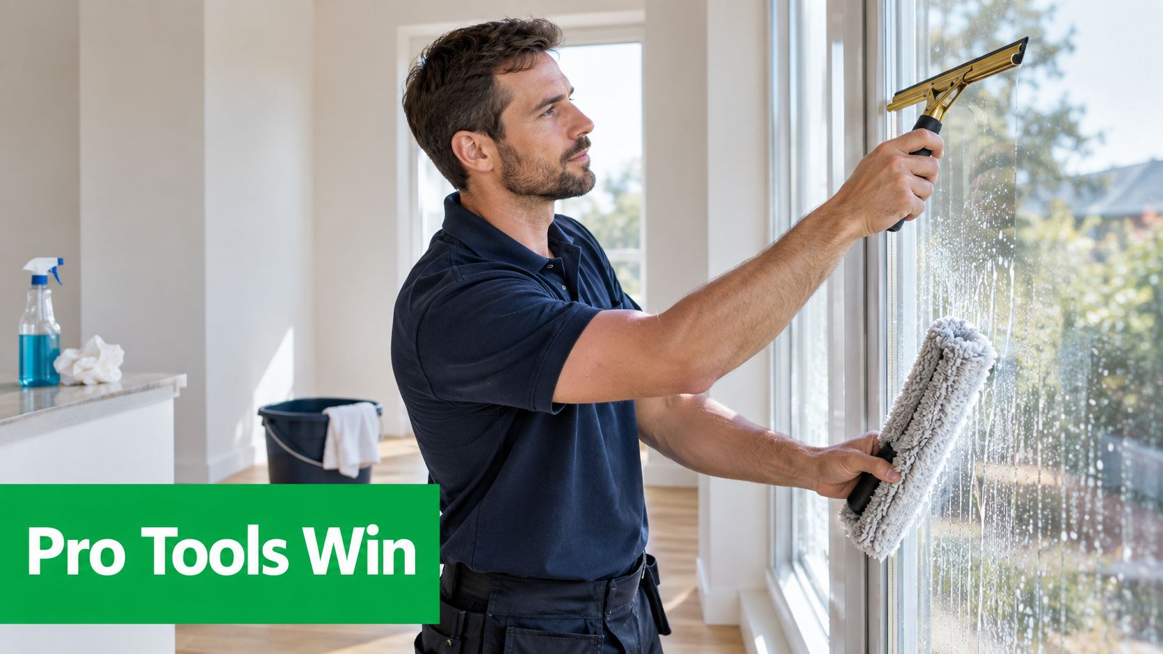 A professional window cleaner wearing a dark polo shirt uses a squeegee to clean a glass pane.