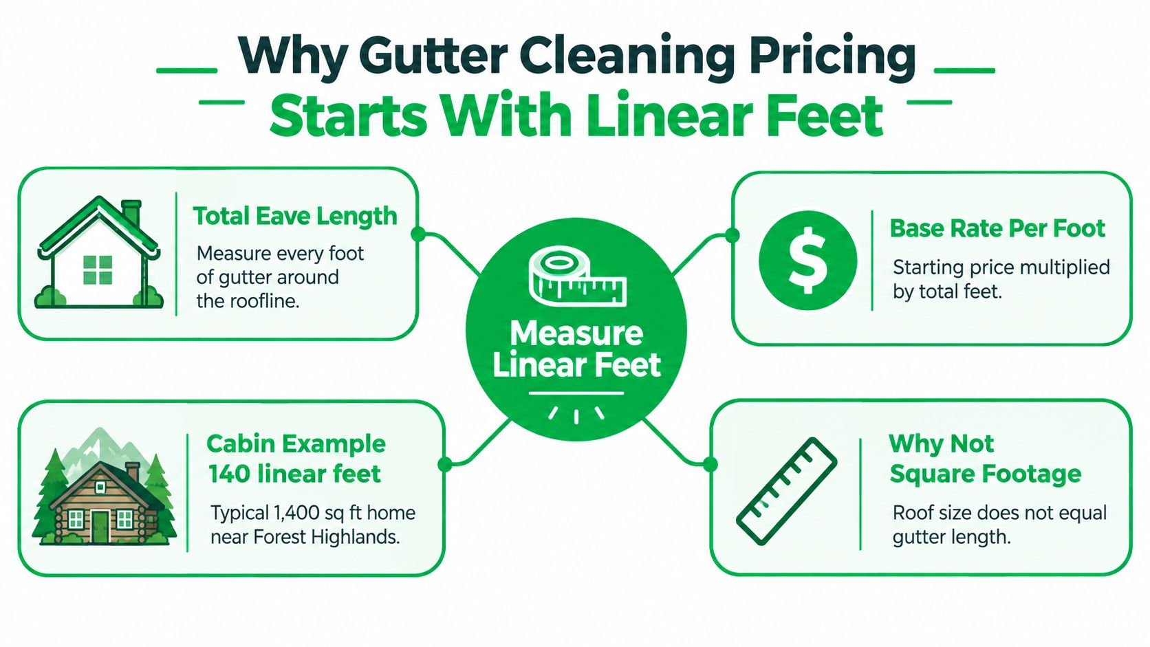 An infographic explaining why gutter cleaning services are priced based on total linear feet instead of square footage.