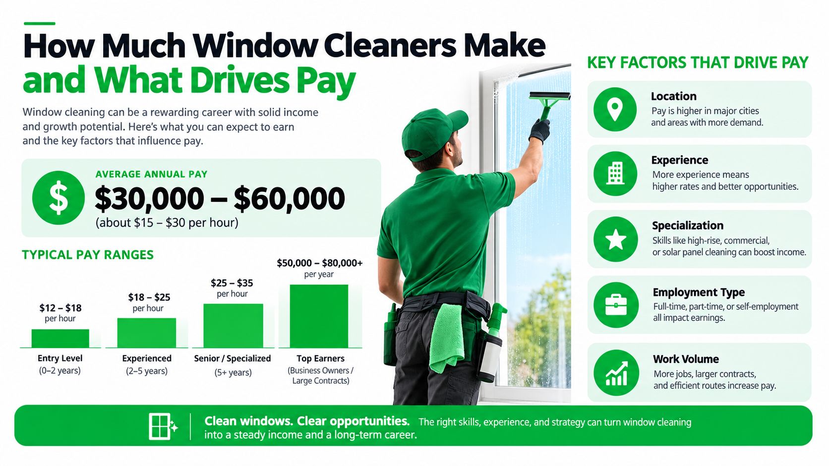 An infographic detailing window cleaning career earnings, pay ranges, and key factors influencing professional income potential.
