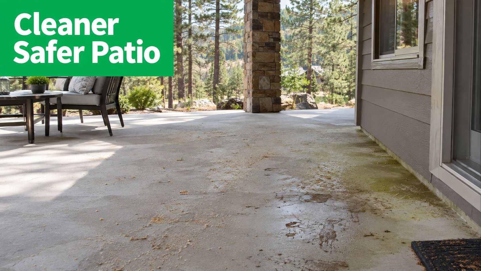 A dirty concrete patio needing pressure washing with algae growth and debris near a house exterior.