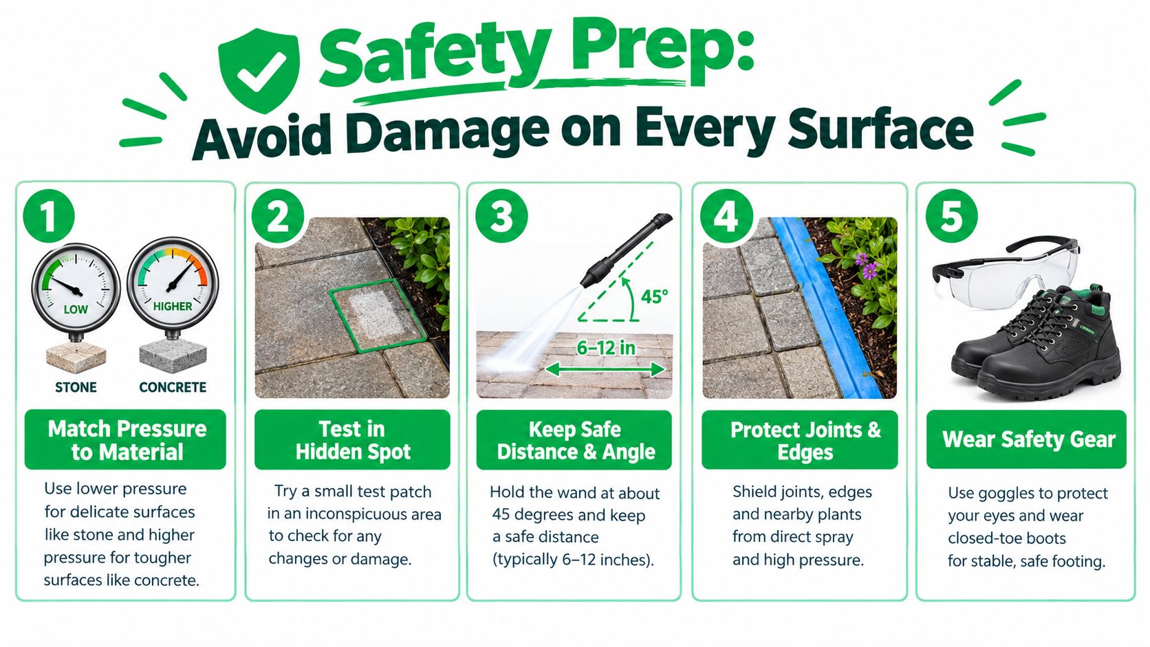 An infographic showing five safety tips for pressure washing surfaces, including material, distance, and protective gear usage.