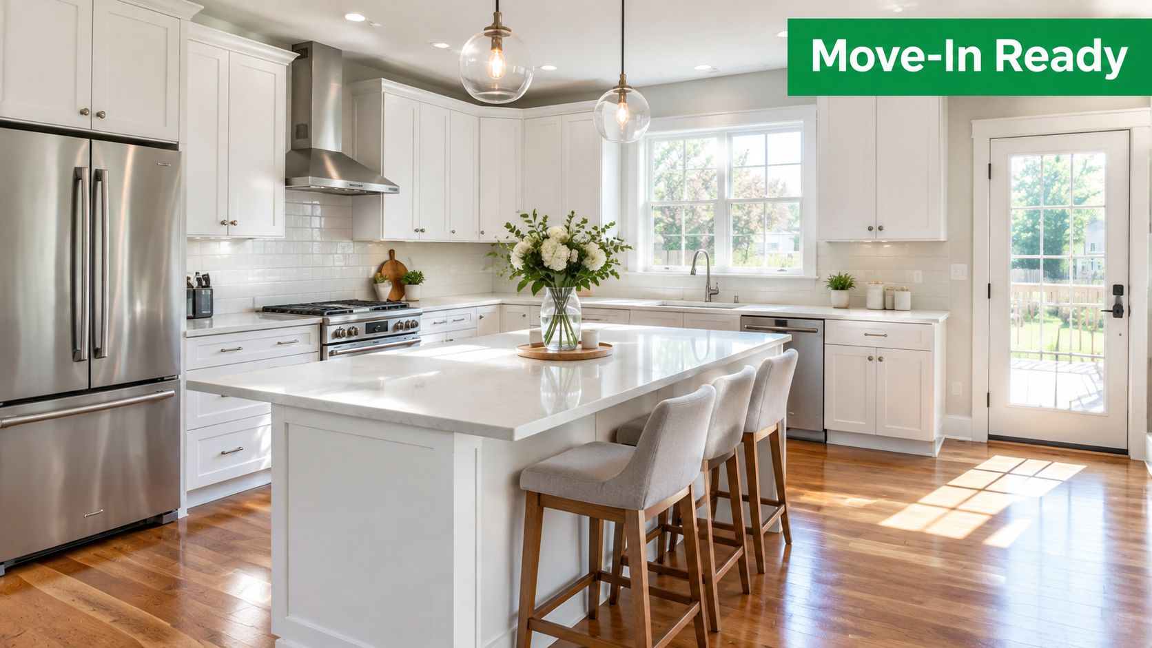 A bright, modern white kitchen with a large marble island, stainless steel appliances, and hardwood floors.
