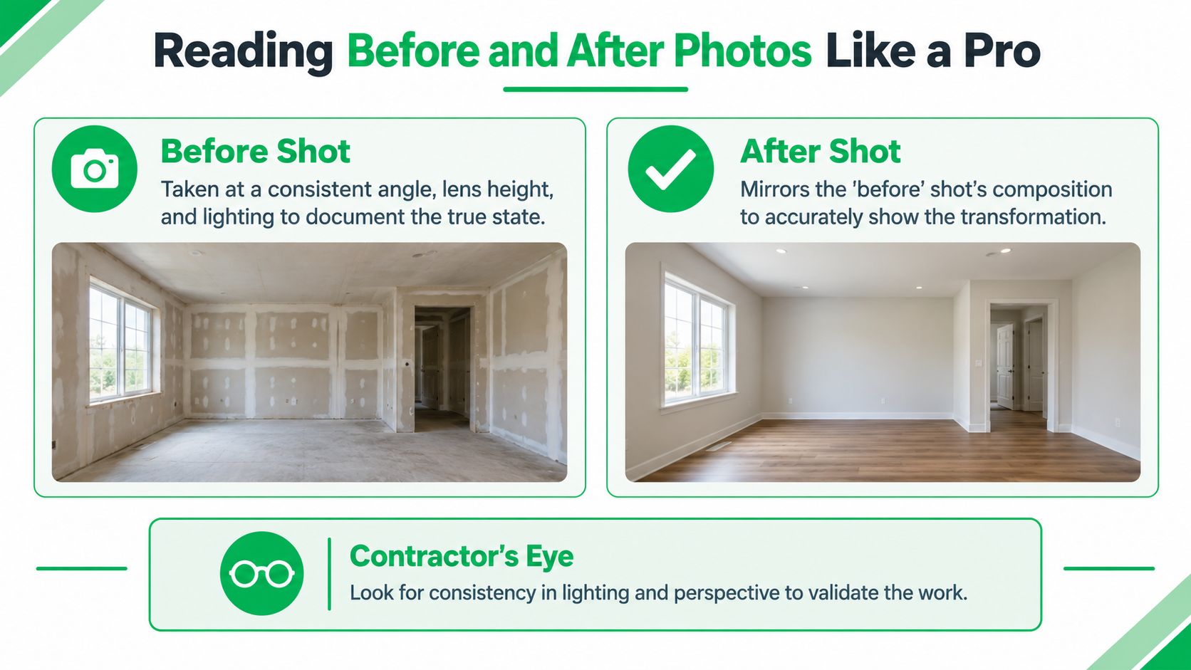A side-by-side comparison of a room under construction versus the finished renovation to showcase improvement.