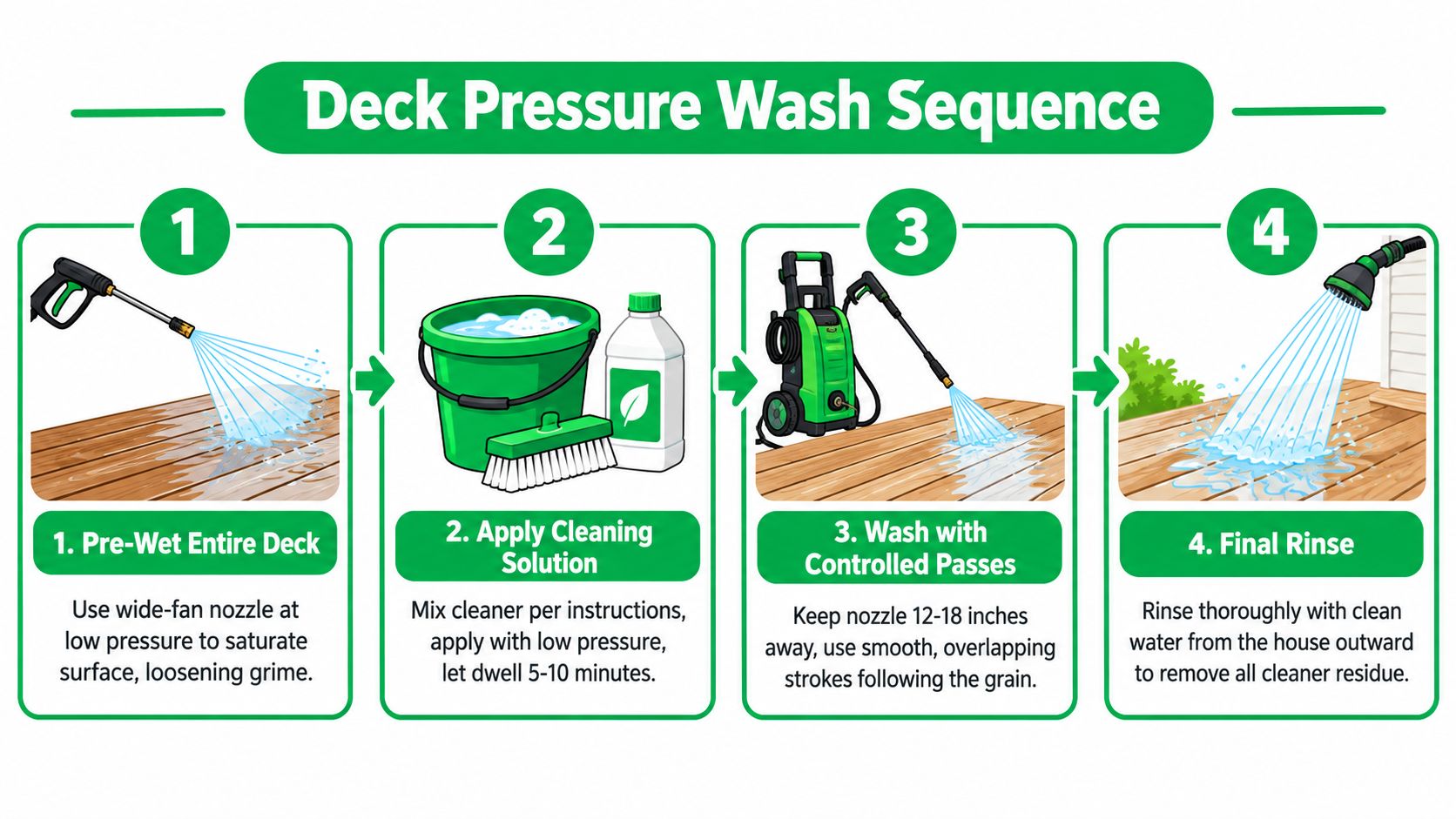 A step-by-step infographic showing the four essential stages of pressure washing a wooden deck.