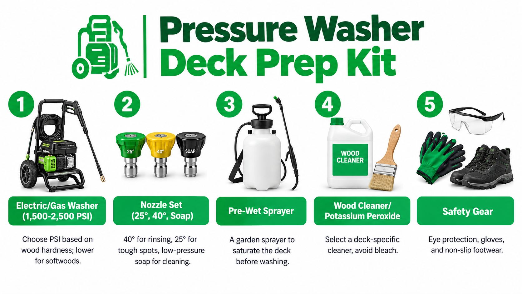 A five-step guide for a pressure washer deck preparation kit including washer, nozzles, sprayer, cleaner, and safety gear.