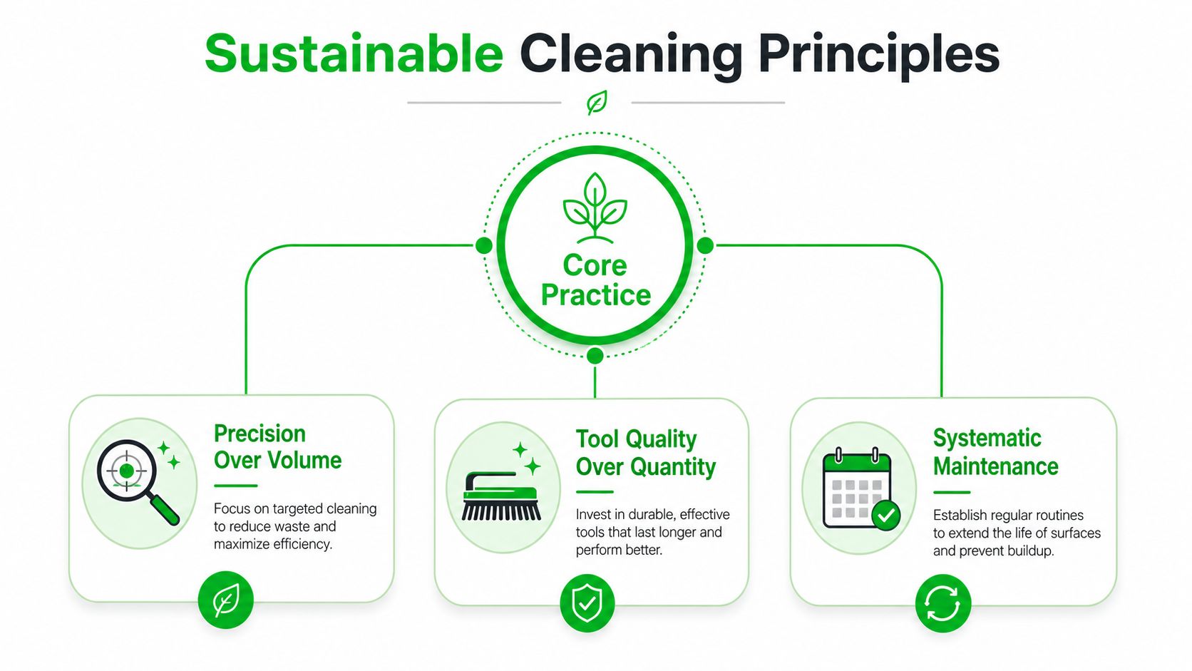 A diagram titled Sustainable Cleaning Principles featuring a central core practice node connected to three key methods.