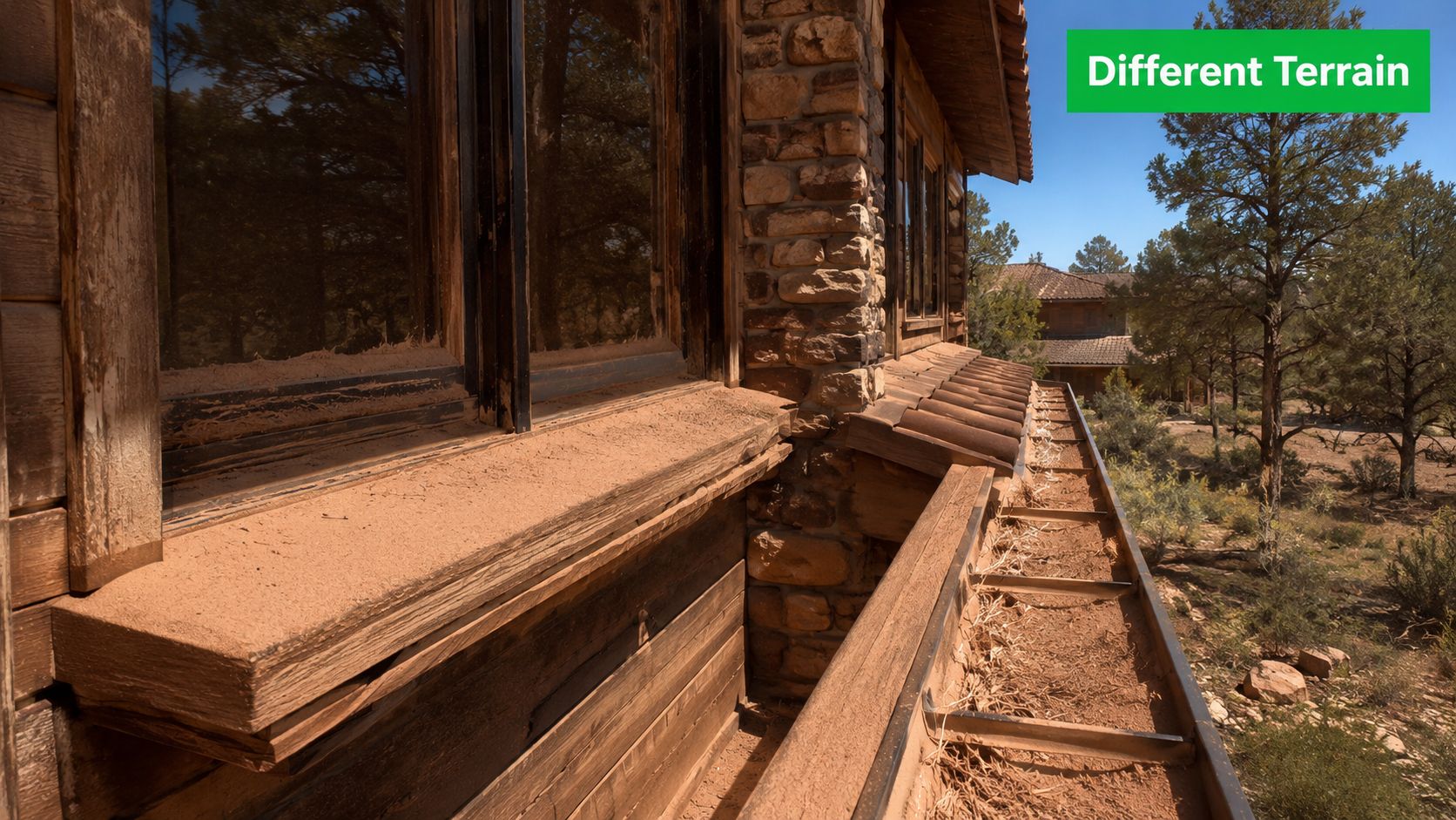 A dusty wooden window ledge and neglected gutter filled with debris on a rustic desert home exterior.