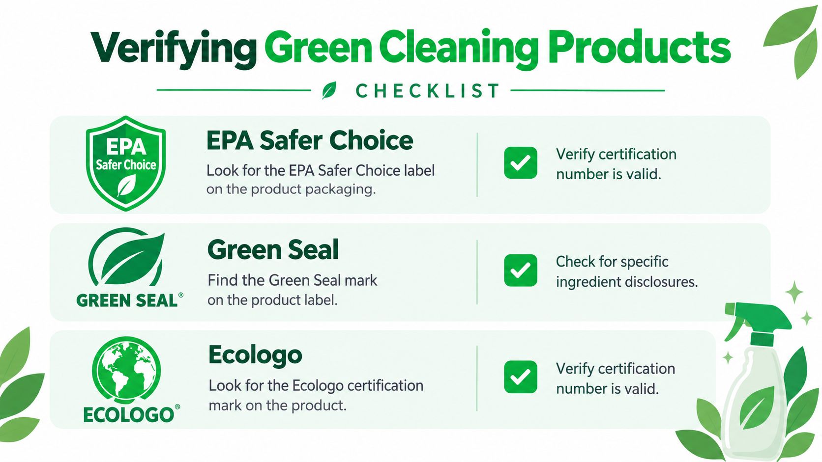 A green checklist infographic explaining how to identify verified green cleaning products by looking for specific labels.