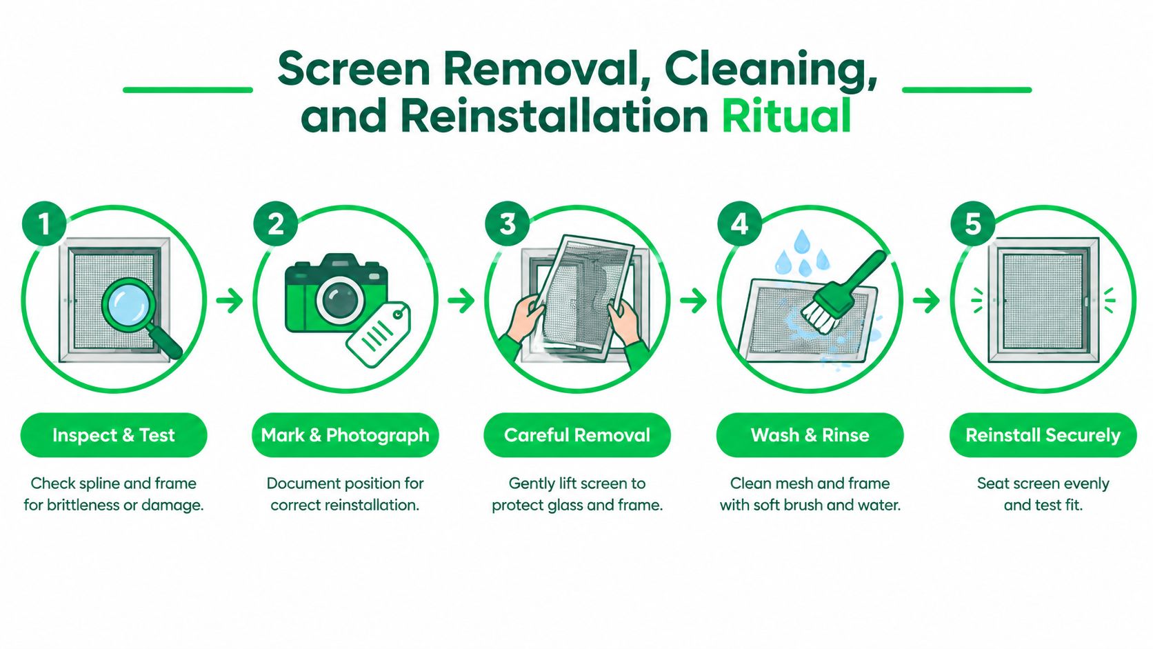 A five-step infographic showing how to remove, clean, and reinstall window screens for proper maintenance.