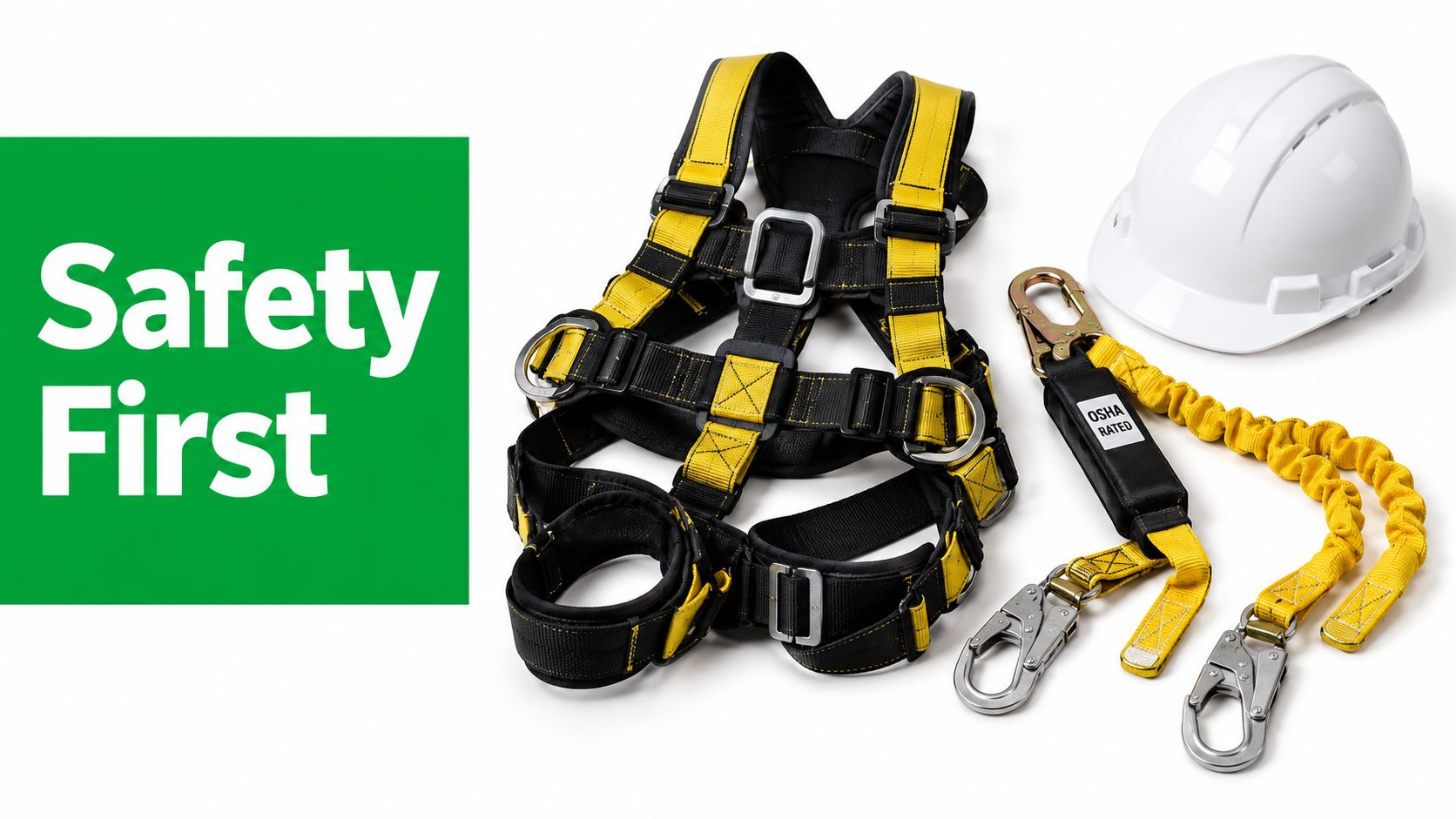 A safety harness, a shock-absorbing lanyard, and a white hard hat displayed on a clean background.