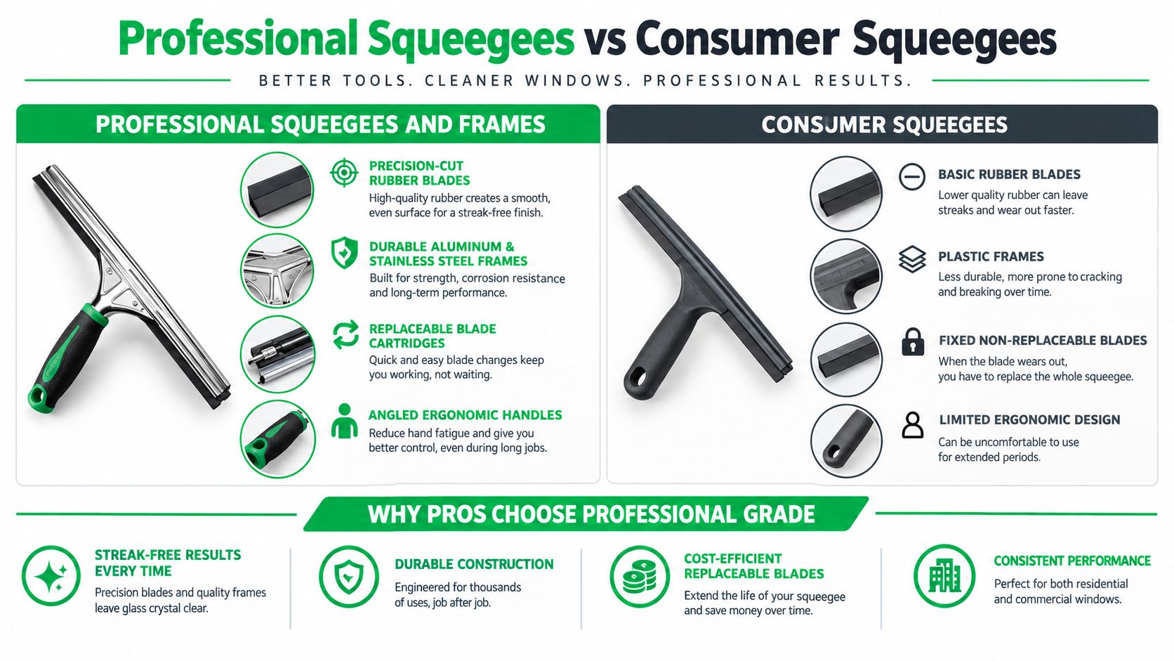 A comparison infographic between professional squeegees and consumer squeegees highlighting features, materials, and long-term performance benefits.