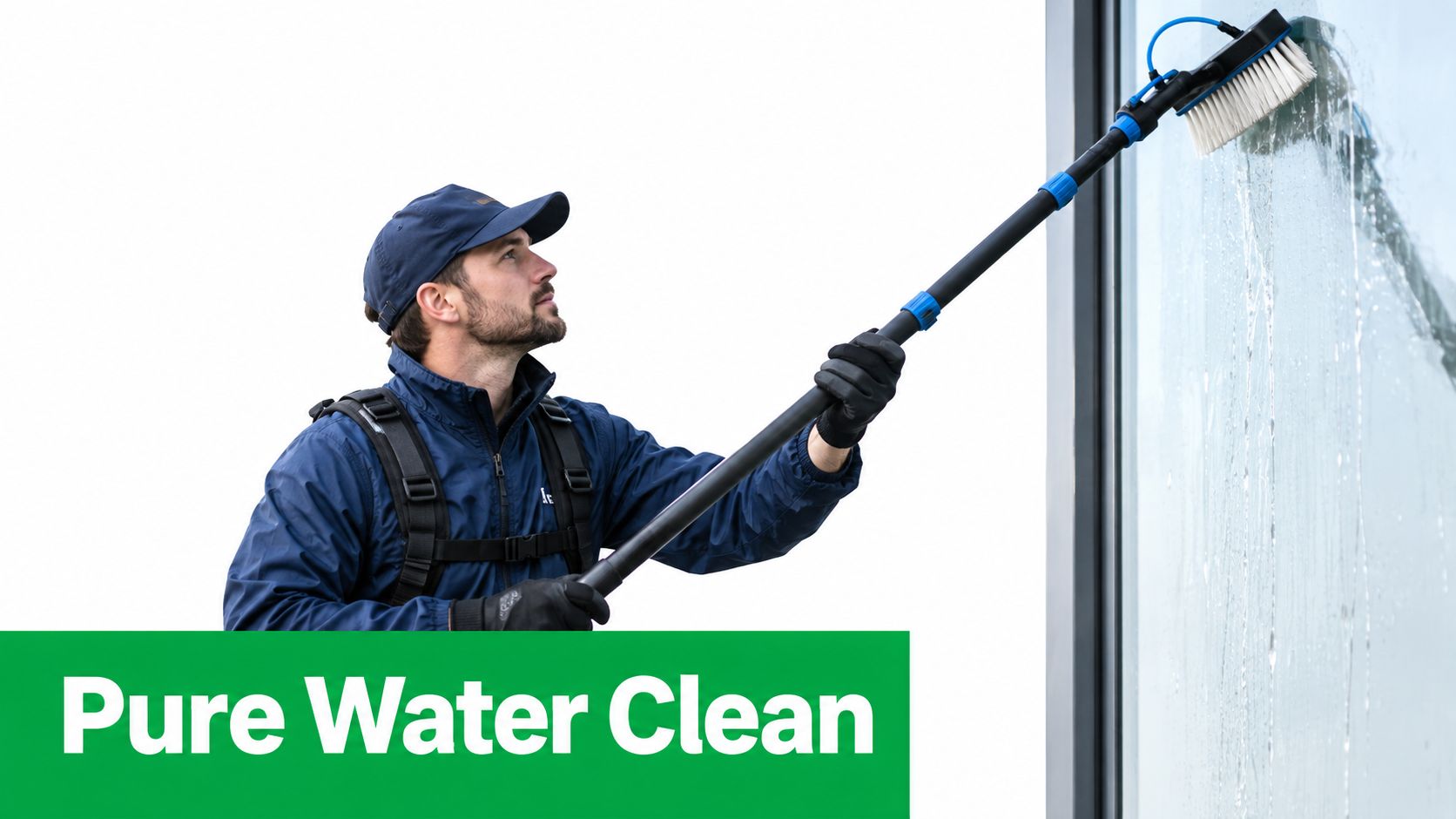 A professional window cleaner using a long water-fed pole to scrub a glass window outdoors.