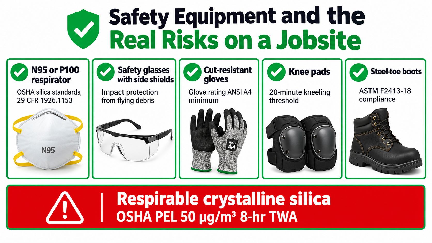 A safety infographic displaying essential personal protective equipment for construction job sites to mitigate real health risks.