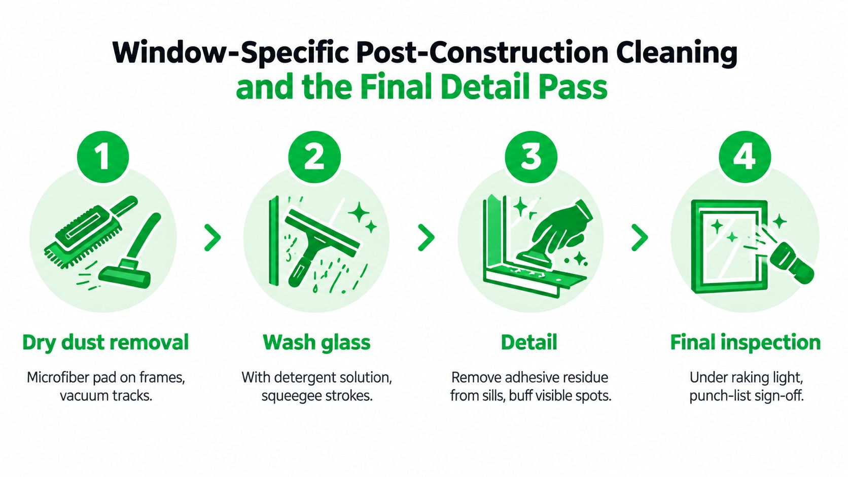 A four-step infographic illustrating the window cleaning process for post-construction projects using cleaning tools.