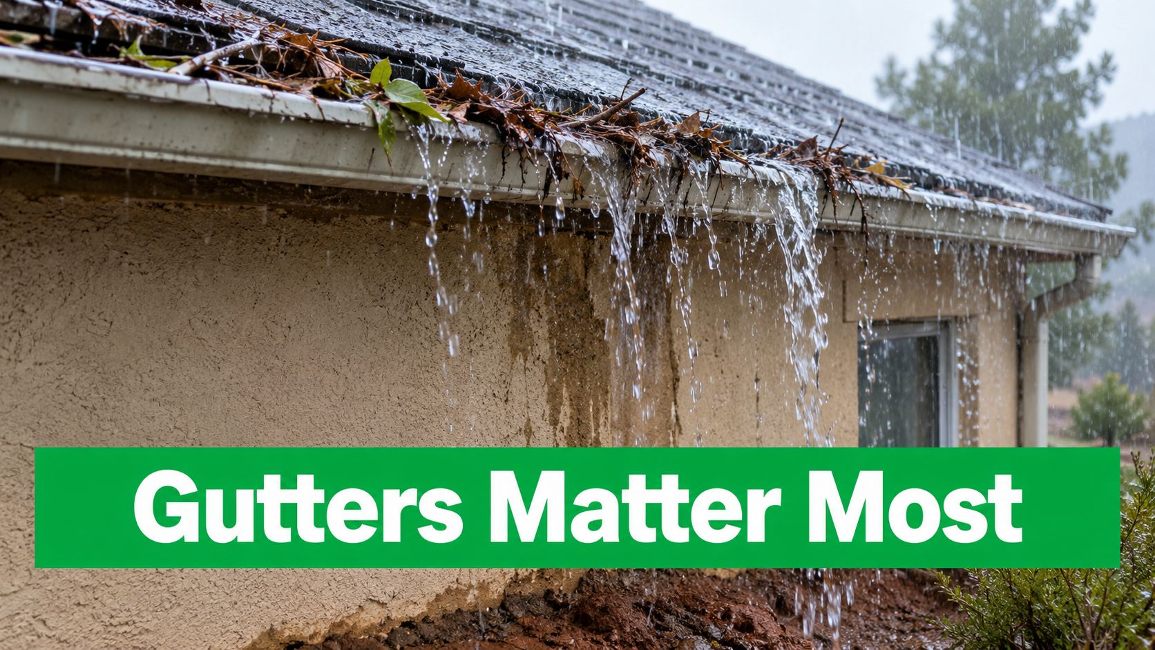 Rainwater overflowing from a clogged house gutter onto the stucco wall and muddy ground below during rain.