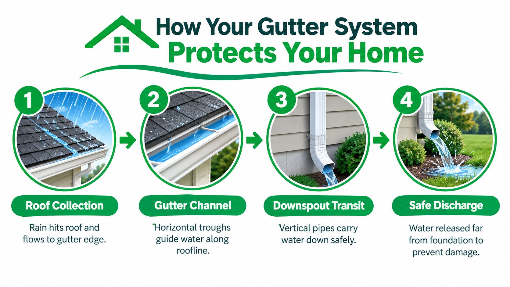 A diagram illustrating the four steps of how a home gutter system collects and diverts rainwater.