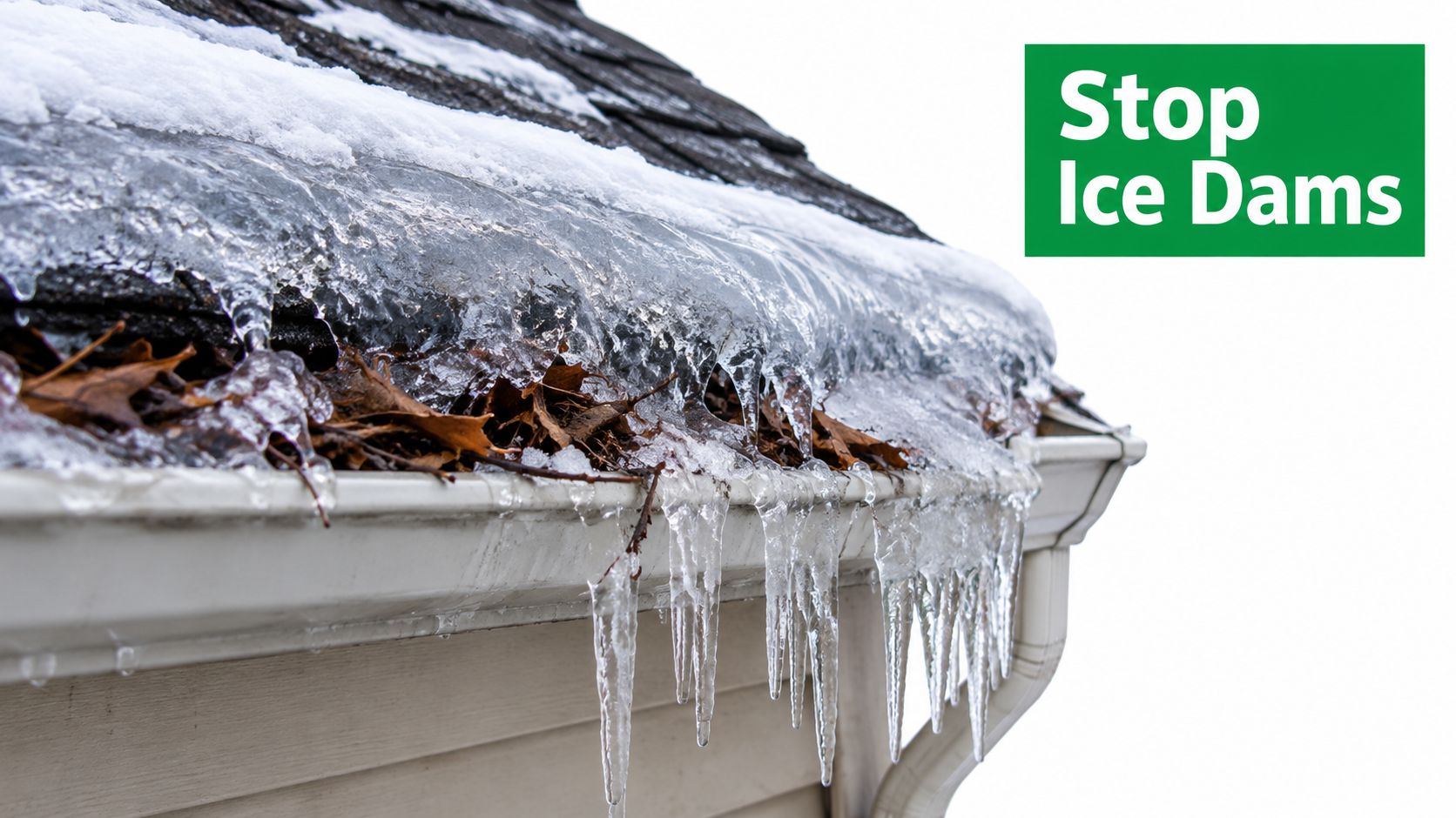 A close-up of a house roof gutter filled with ice and icicles causing an ice dam buildup.